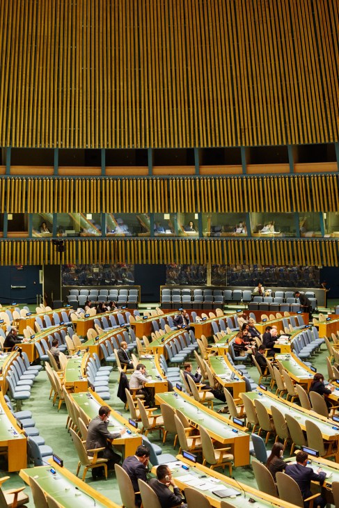Delegates seated at individual desks in the UN General Assembly Hall with interpreter booths visible above.