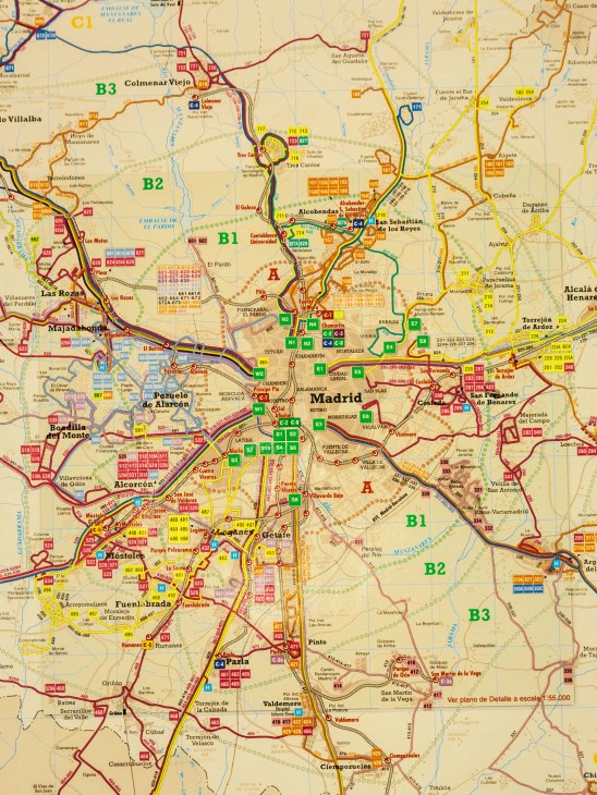 Map of Madrid's EMT transit area showing bus routes and zones across the city.
