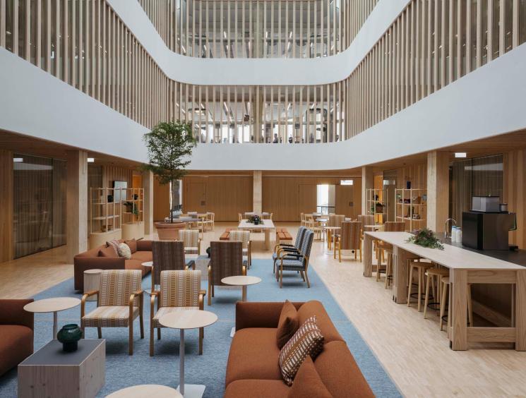 Inside the wood-heavy lobby at the Stora Enso office in Finland