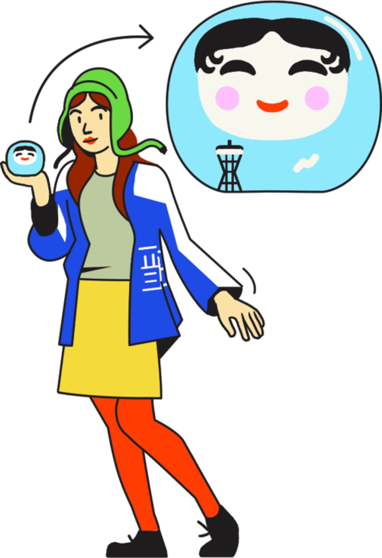 Illustration of a woman holding a Beams Kobe Hime Daruma doll.