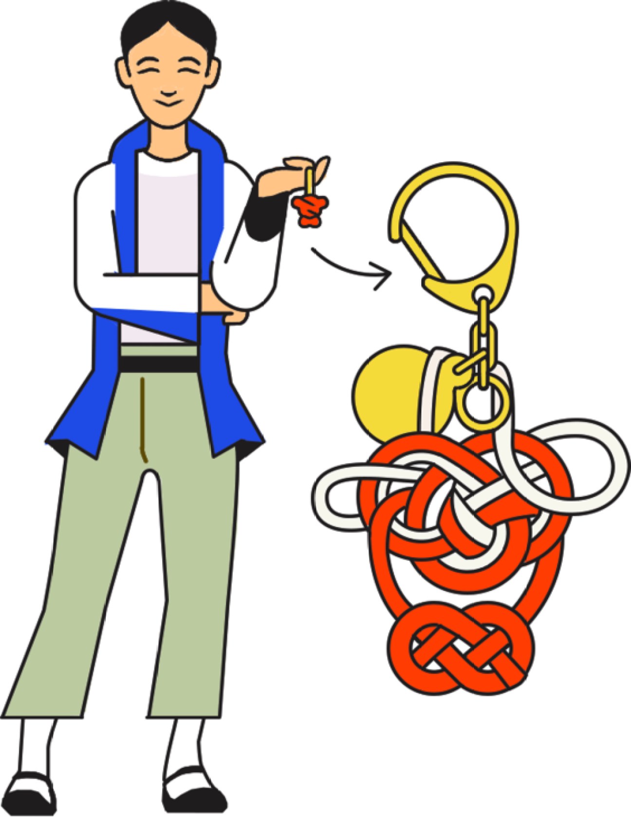 Illustration of a woman holding a Beams Zenkoji Mizuhiki keychain.