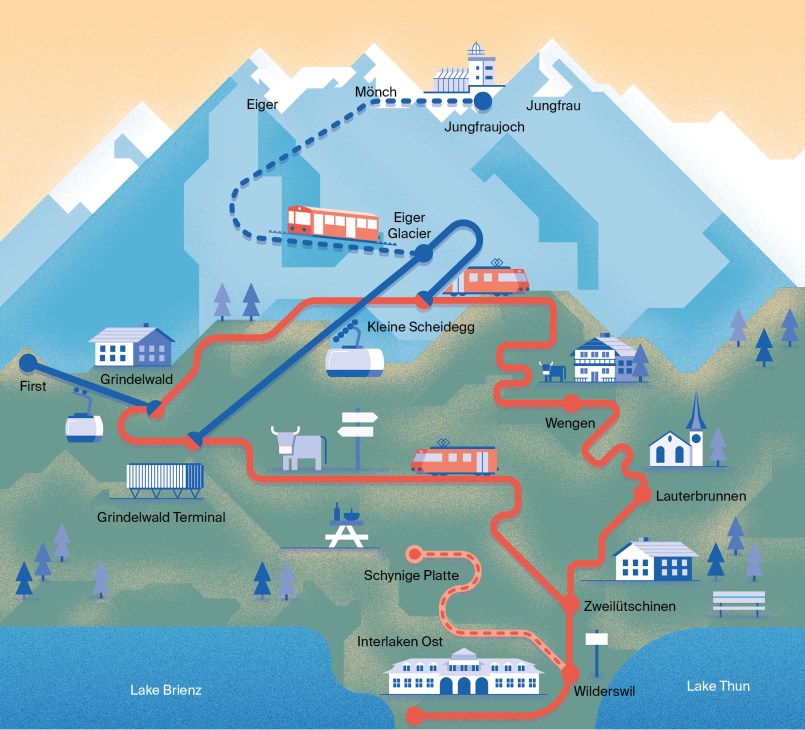 A map showing the Jungfrau Railways routes.