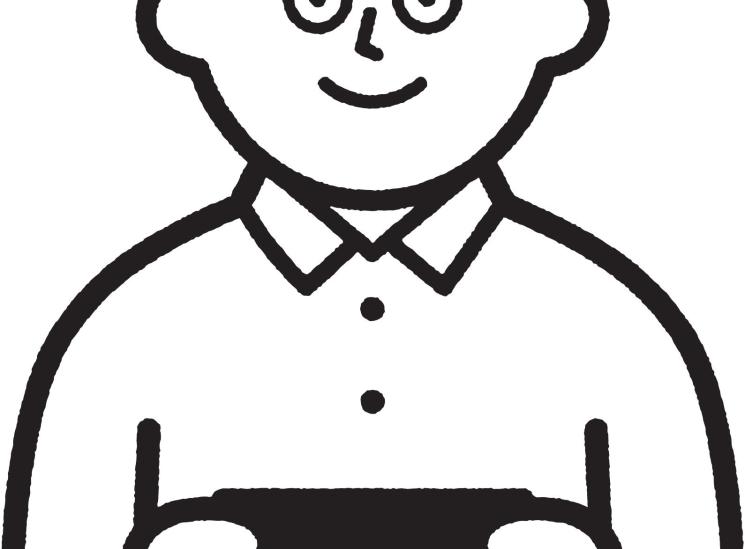 Illustration of a person wearing glasses and collared shirt holding a tablet displaying 2025.