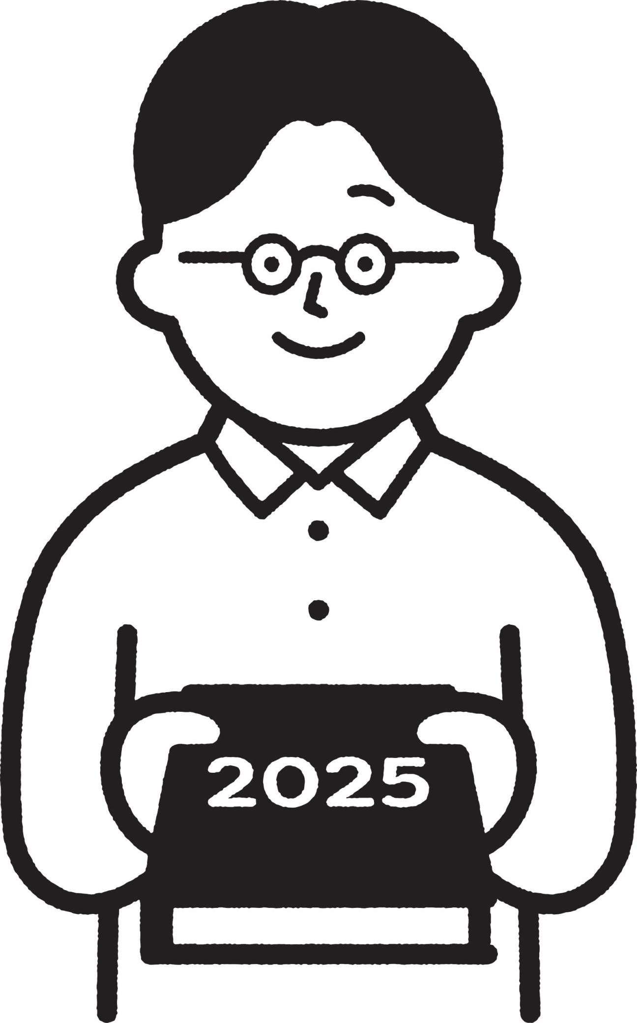 Illustration of a person wearing glasses and collared shirt holding a tablet displaying 2025.