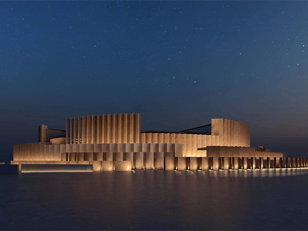 A render of the Japan pavilion for Expo 2025 at night time.