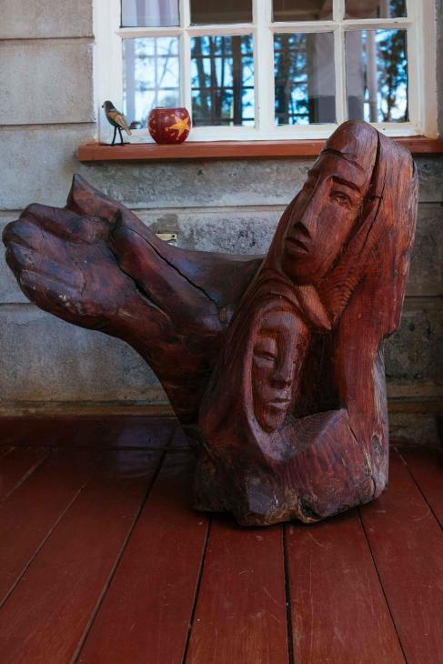 wooden sculpture on the terrace
