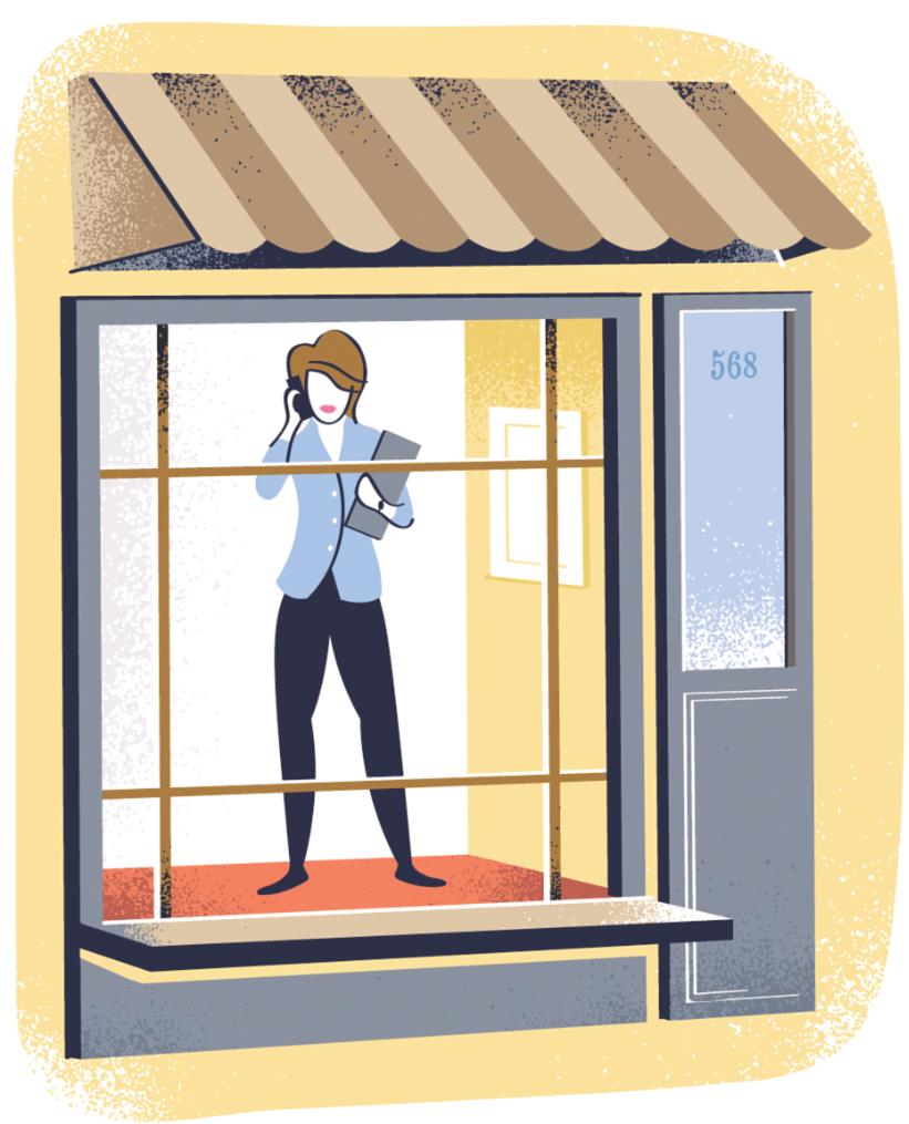 Illustration of a woman in business attire standing in a storefront window, speaking on a phone.