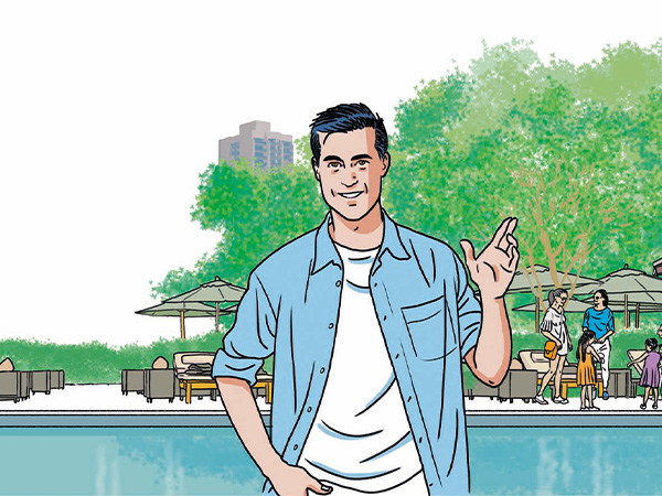 An illustration of a man at the swimming pool of the Sukothai hotel in Bangkok.