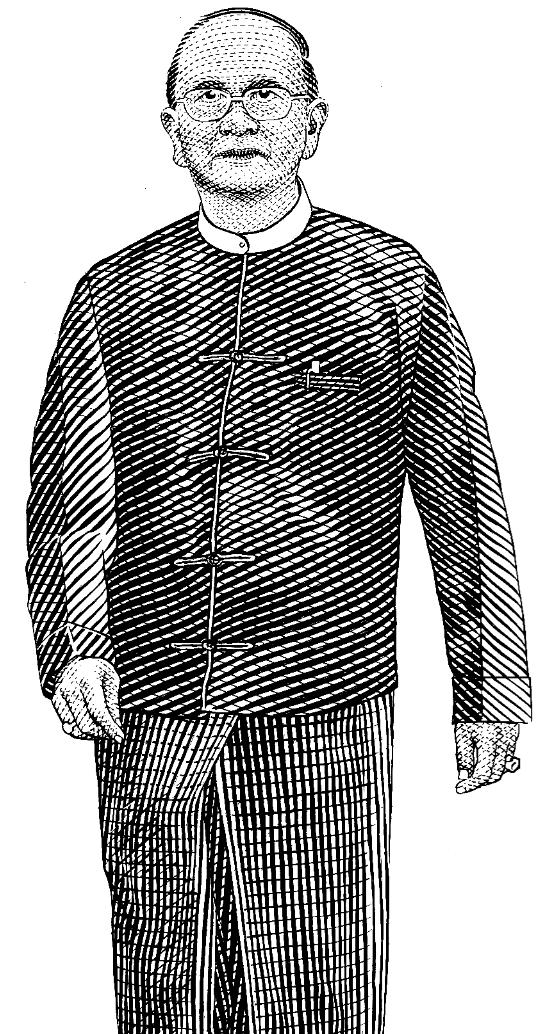 Illustration of Thein Sein wearing glasses, a striped taik-pon jacket and longyi sarong