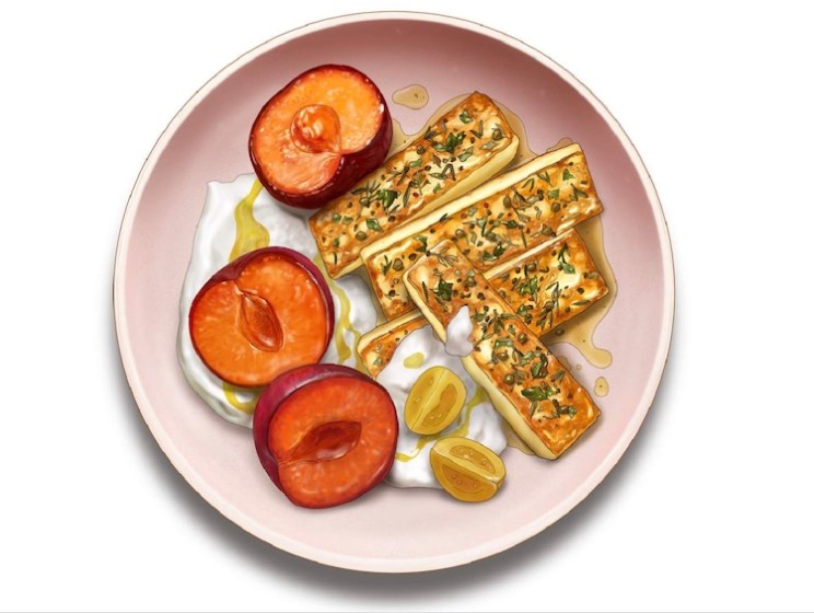 Recipe: Halloumi with spiced honey, lemon yoghurt and plums