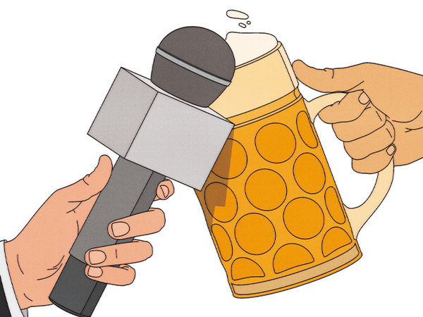 An illustration of a microphone and a jug of beer toasting.