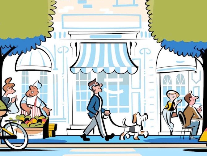 illustration of a man walking his dog through a city