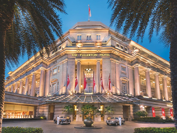 An exterior of a Fullerton Hotel in Singapore.