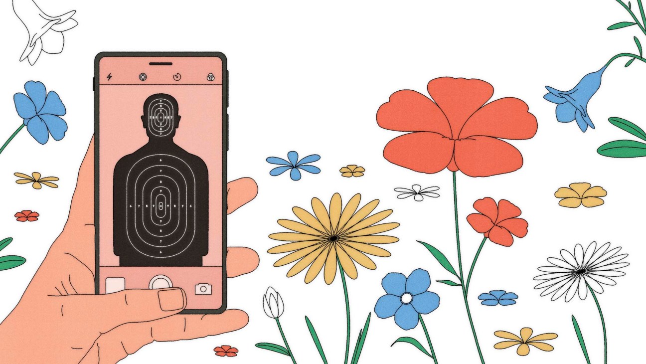 An illustration of a mobile phone pointed at a flower garden.
