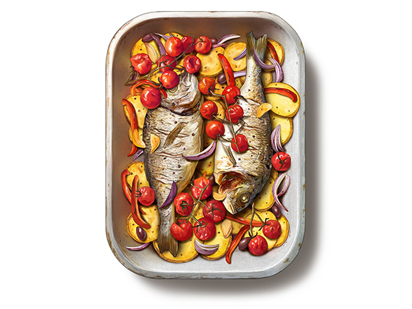An illustration of sea bream and vegetables in a baking container.