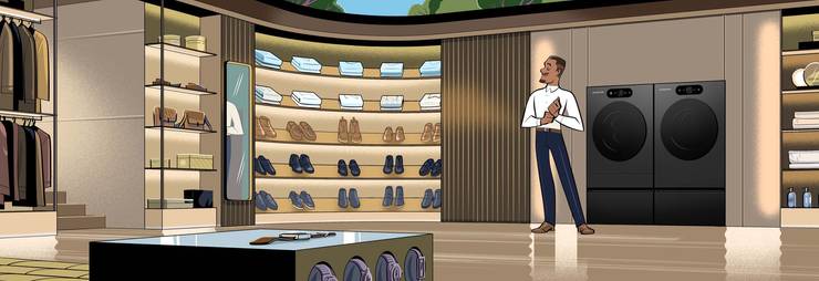An illustration of a man standing next to two LG Signature dryers.