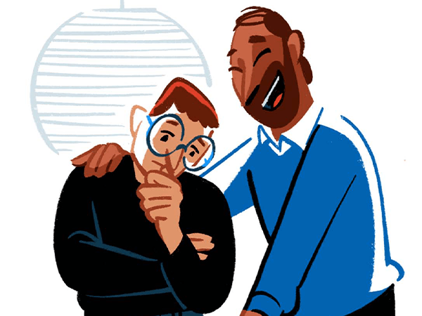 An illustration of a design critic laughing at a chair.