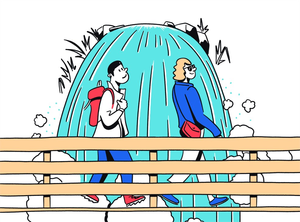 An illustration of two people looking at a waterfall.