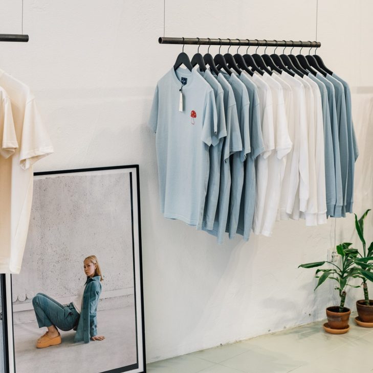 T-shirts on a clothes rail.