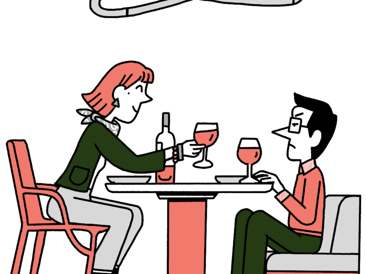 Illustration of Andrew Tuck shrinking on a restaurant banquette while his dining companion towers over him on a 'proper chair'