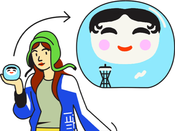 Illustration of a woman holding a Beams Kobe Hime Daruma doll.