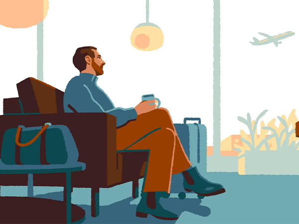 An illustration of a man in an airport lounge.