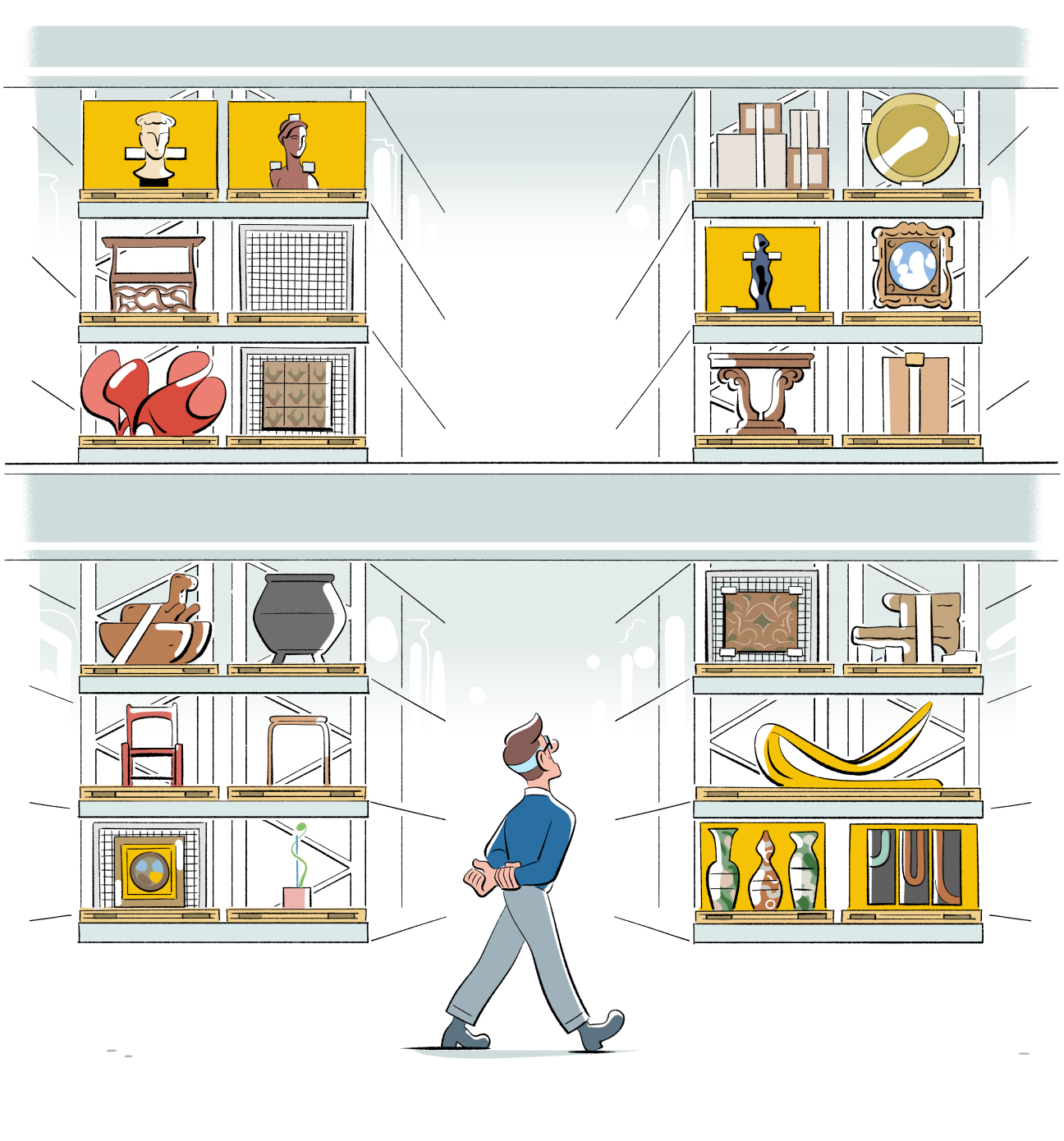 Illustration of Andrew Tuck and the V&A storehouse