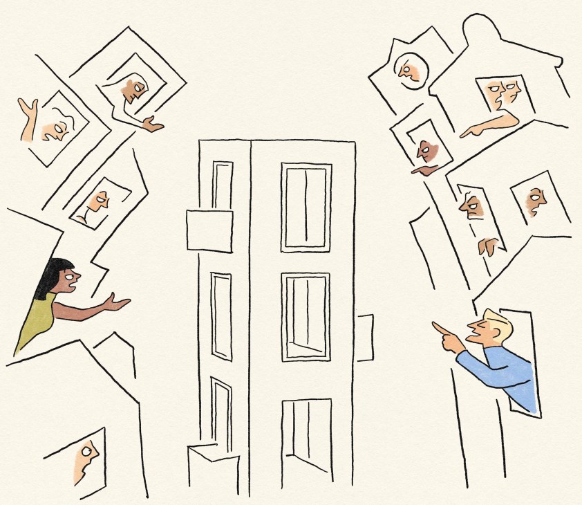illustration of people in tower blocks
