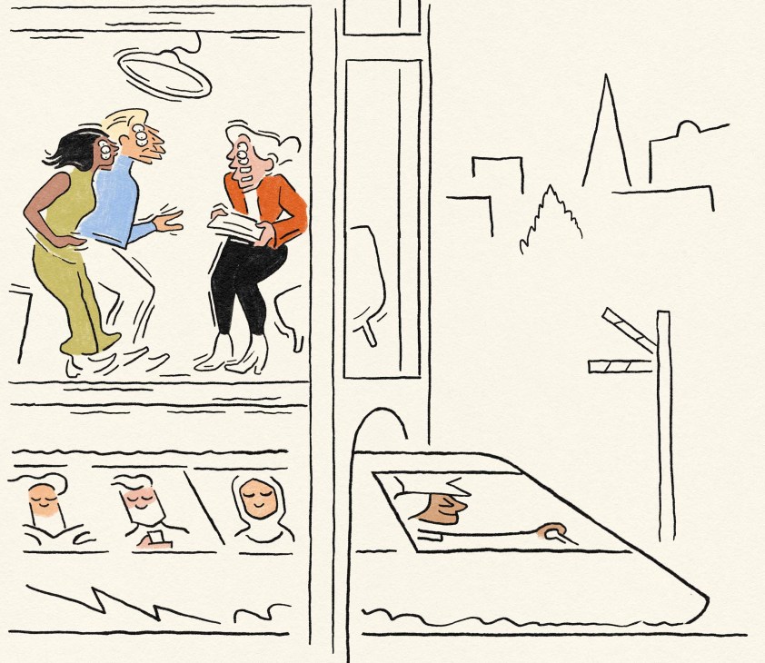 illustration of people in a flat with a train running underneath