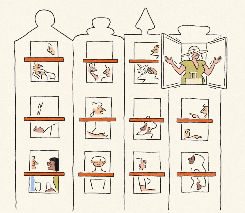 Illustration of people looking out of windows in a tower block