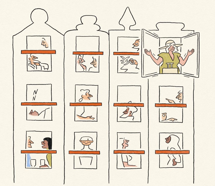 Illustration of people looking out of windows in a tower block