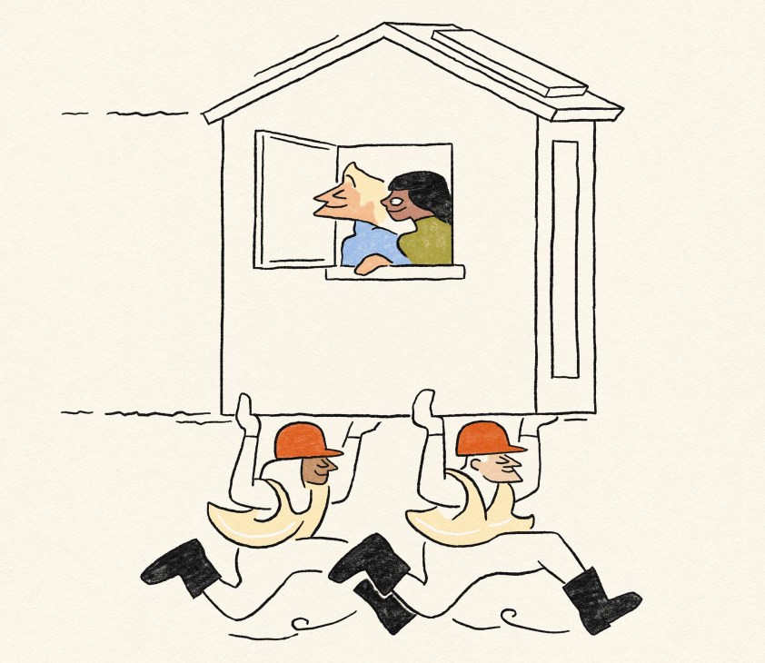 Illustration of two builders running with house 