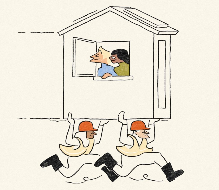 Illustration of two builders running with house