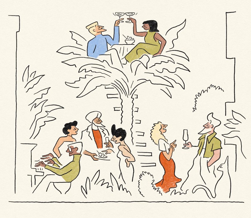 illustration of people in a palm tree and other people on the ground drinking and chatting