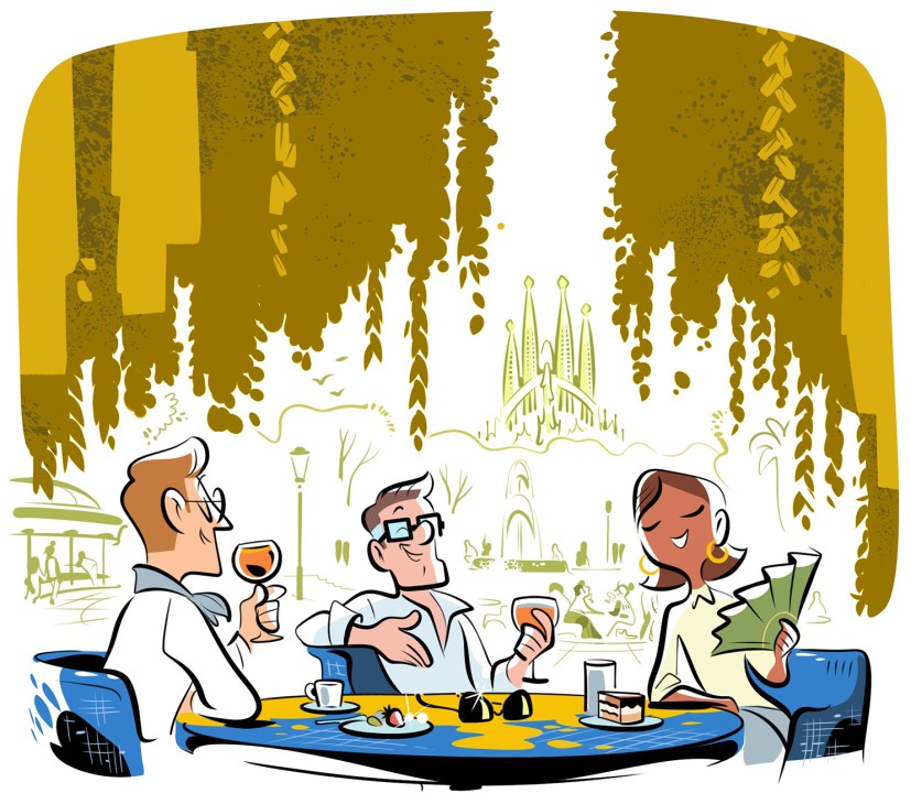 Illustration of three people sitting around a restaurant table in Barcelona