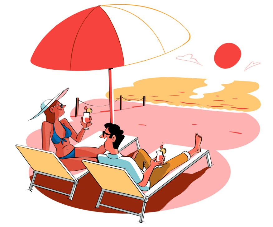 An illustration of two people on sunloungers