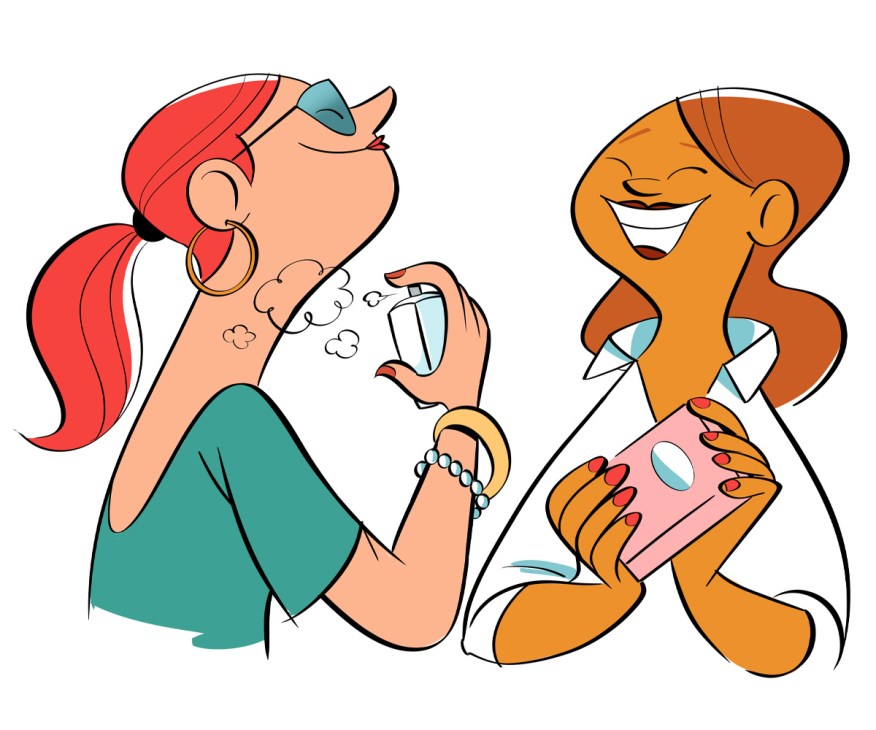 An illustration of a person applying perfume to their neck