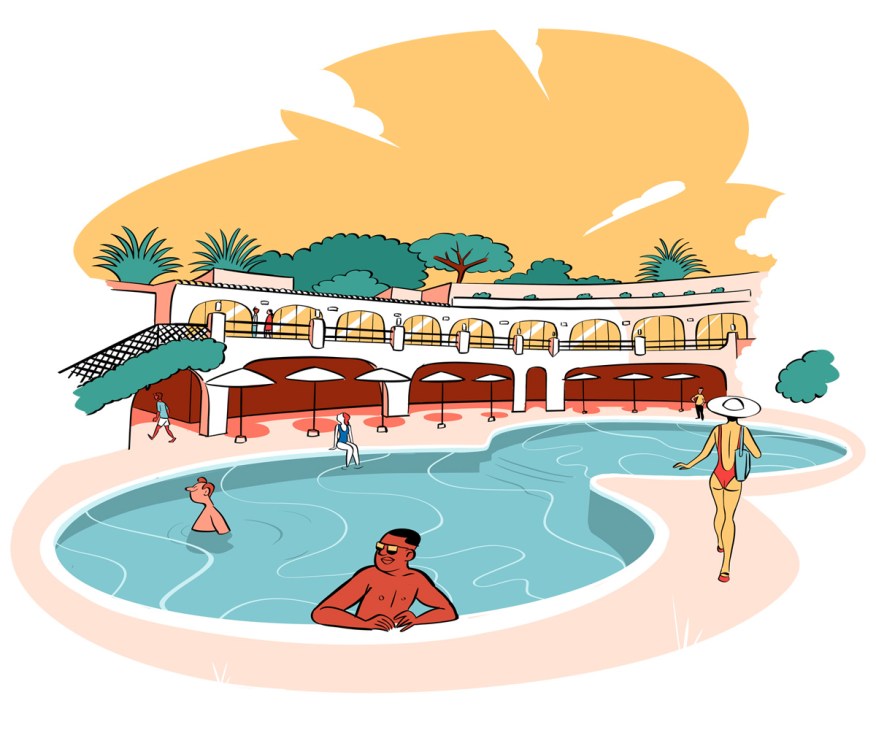 An illustration of people in a pool