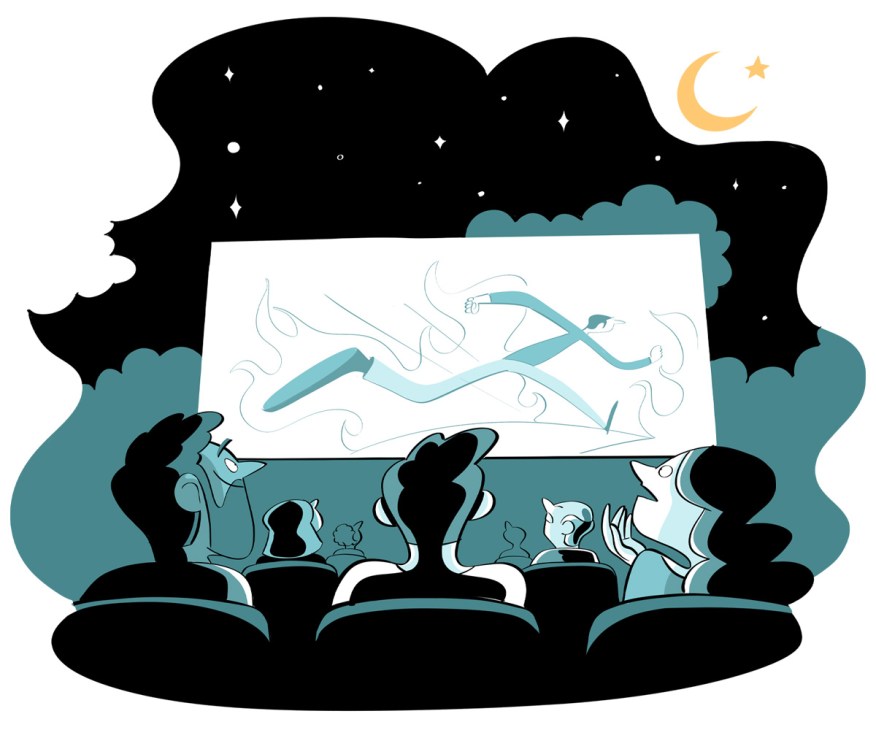 An illustration of an audience at an outdoor cinema