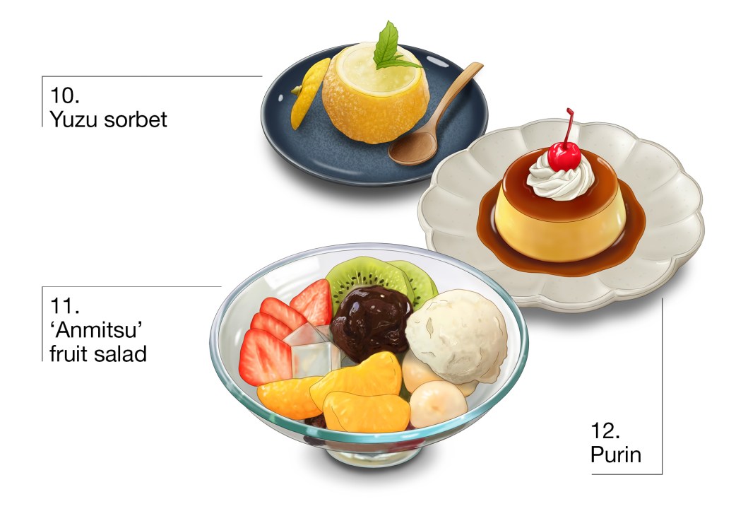 Illustrations of a Yuzu sorbet, ‘Anmitsu’ fruit salad and a Purin