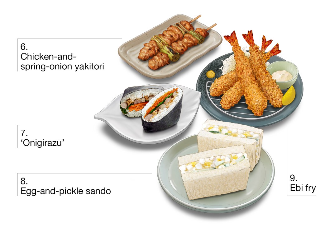 illustration of chicken and spring onion yakitori, onigirazu, egg and pickle sando and an ebi fry