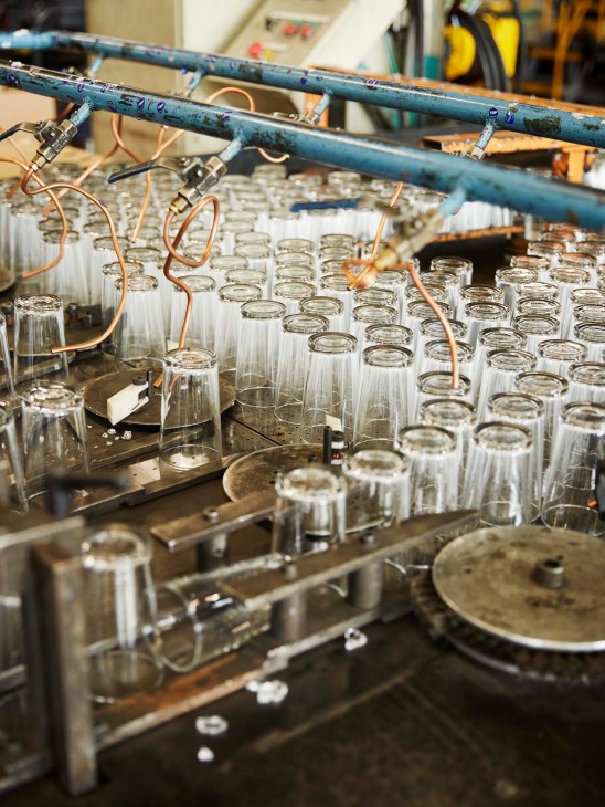 Glassware nearing the end of the production line in Chapelle-Saint- Mesmin