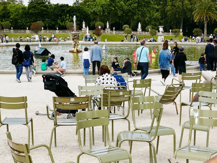 Looking for the Fermob chairs and the way they are used in Paris jardin du Luxembourg, on the 20th of May 2024.