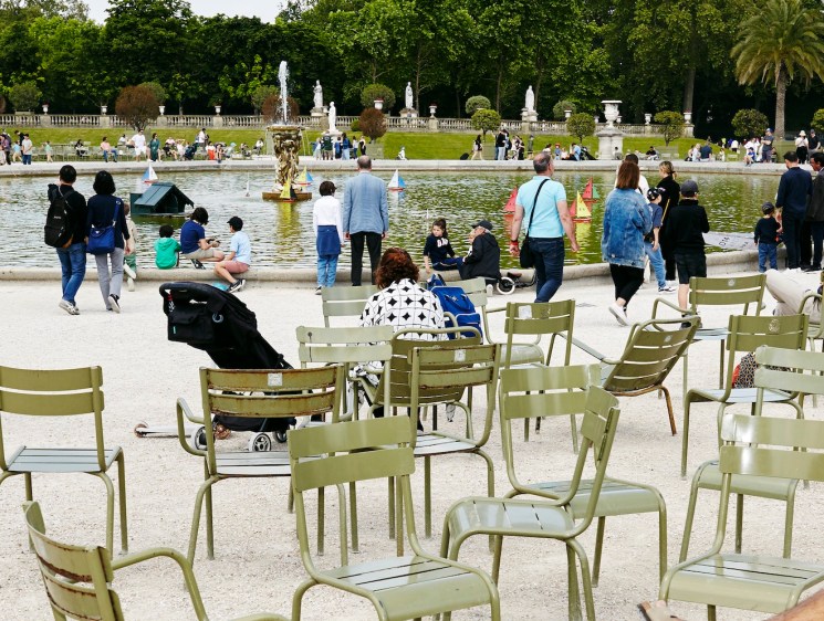 Looking for the Fermob chairs and the way they are used in Paris jardin du Luxembourg, on the 20th of May 2024.