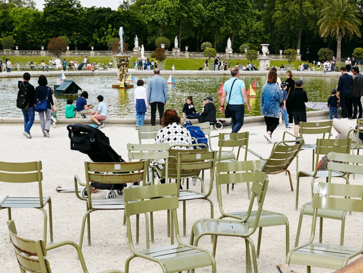 Looking for the Fermob chairs and the way they are used in Paris jardin du Luxembourg, on the 20th of May 2024.