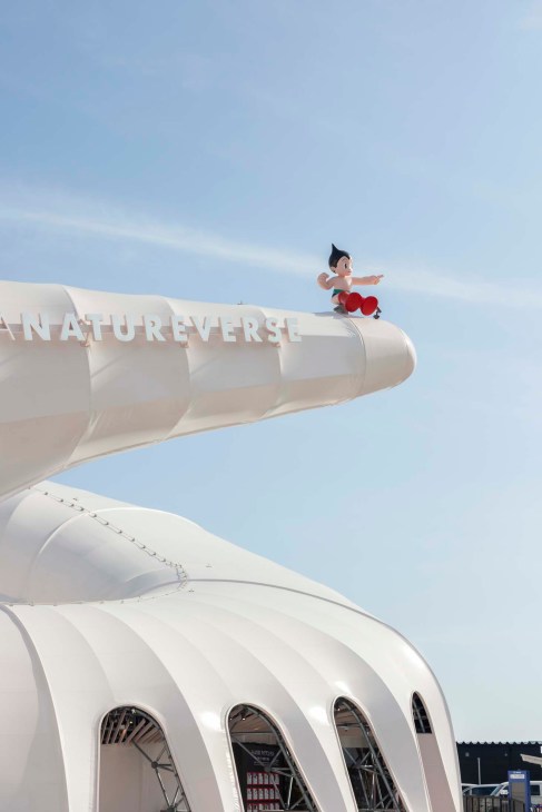 Astro Boy atop the Natureverse pavilion by recruitment company Pasona