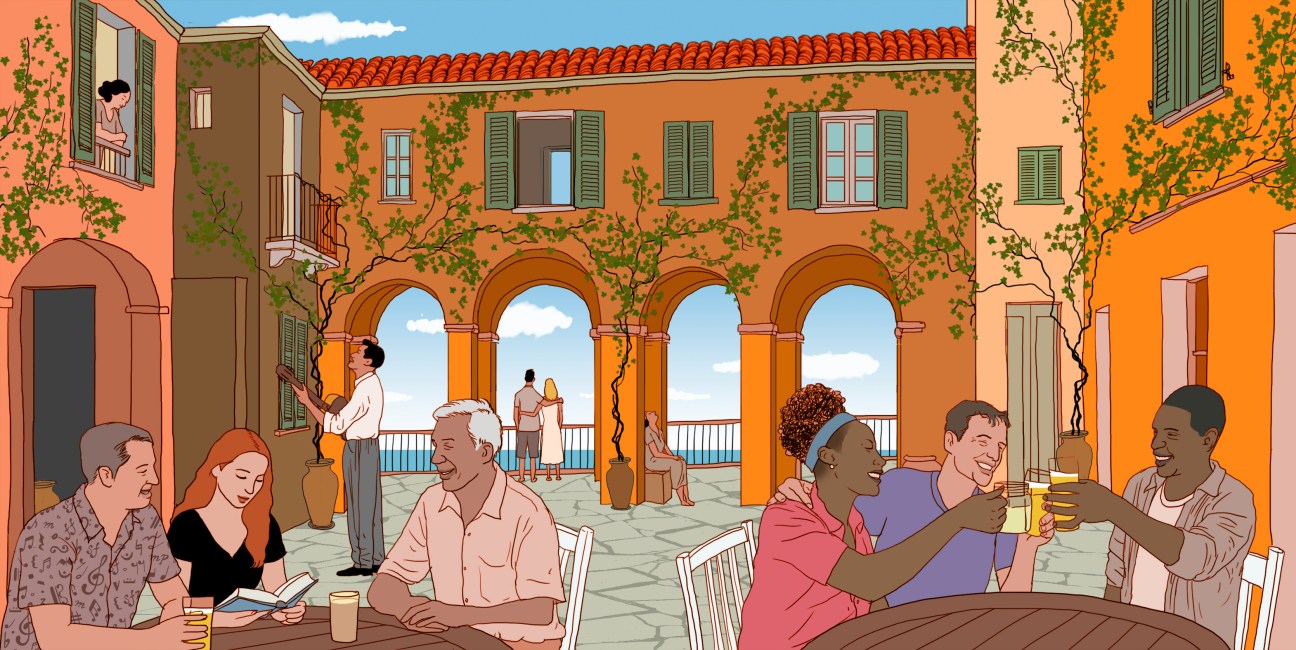 Illustration of people drinking in a courtyard