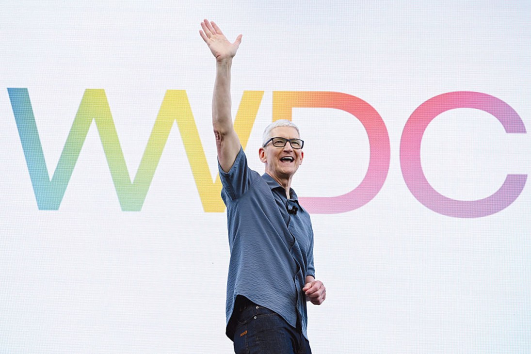 Tim Cook, chief executive officer of Apple Inc., during the Apple Worldwide Developers Conference (WWDC) at Apple Park campus in Cupertino, California, US, on Monday, June 9, 2025. Apple Inc. unveiled a new operating system interface called Liquid Glass at its annual Worldwide Developers Conference, calling it the company's broadest design update ever. Photographer: David Paul Morris/Bloomberg via Getty Images