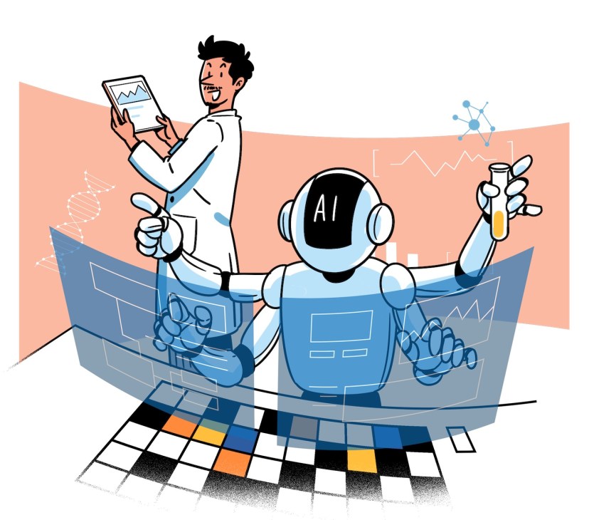 Illustration of a robot with AI on its face working with a scientist in a lab