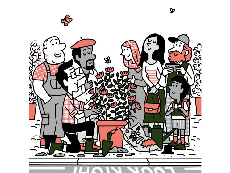 Illustration of people around a plant pot